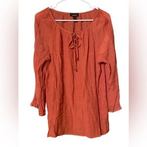 ALYX BoHo Peasant Top Womens Large Semi-Sheer Blouse Flowy Orange Crinkly Gauzy